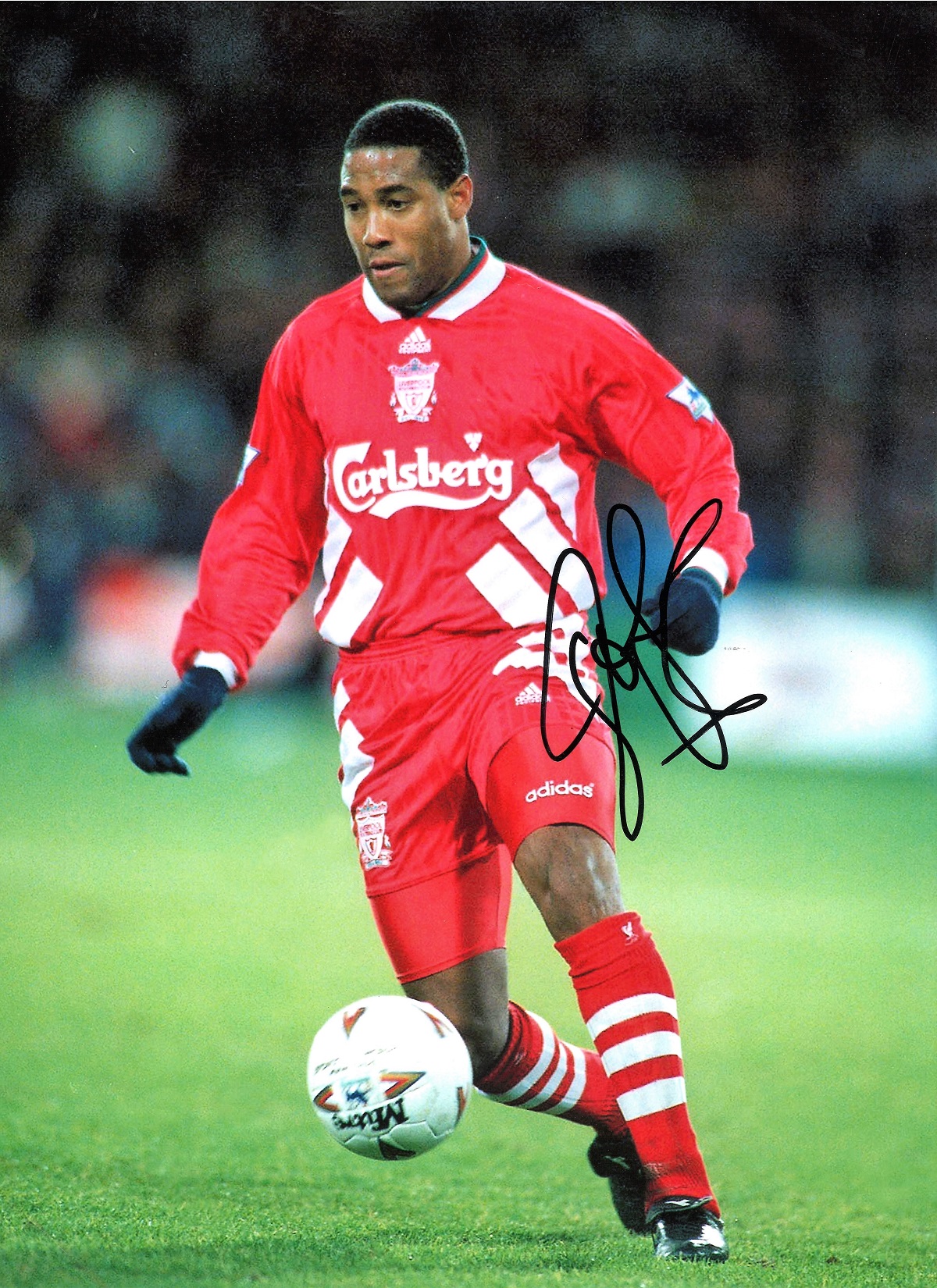 John Barnes signed 16x12 colour photo pictured in action for Liverpool, John Charles Bryan Barnes