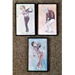 Famous golfers' collection of three prints of chalk & pencil character drawings of famous golfer's