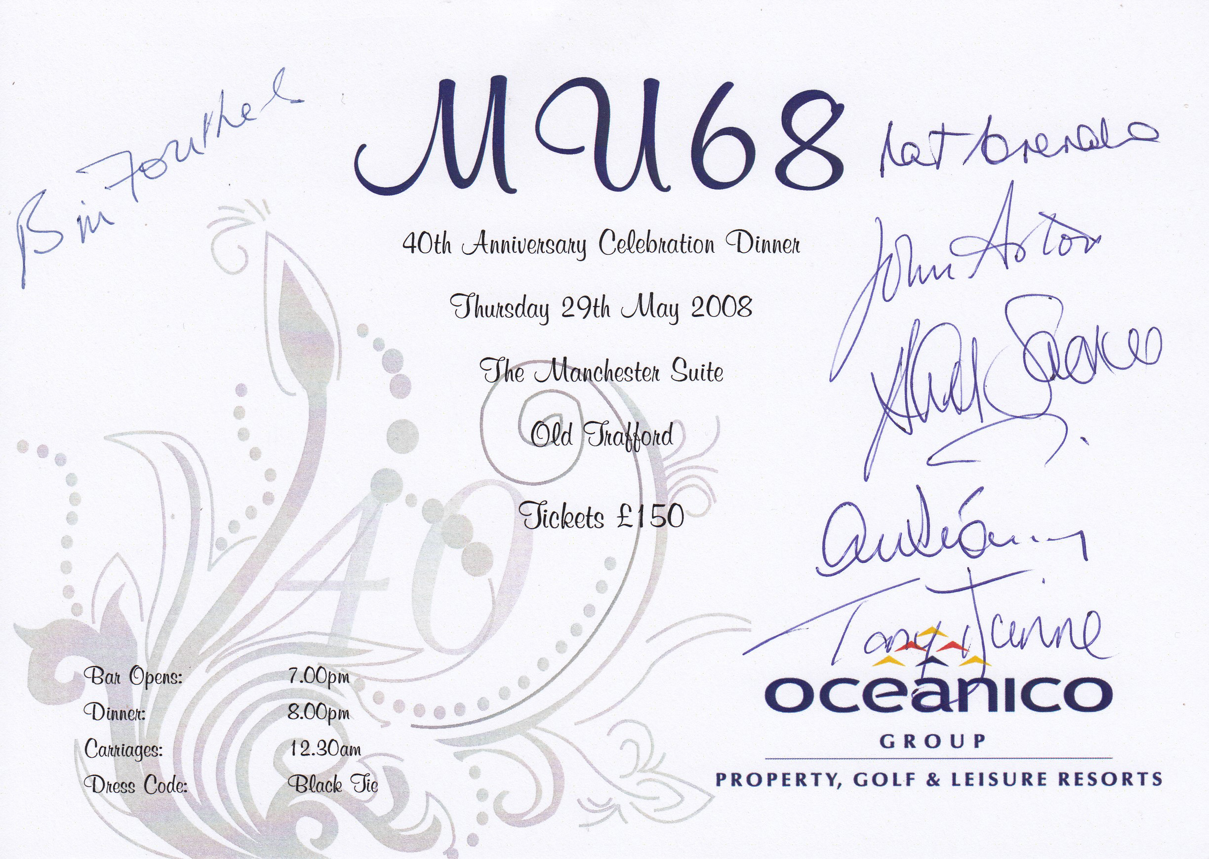 MAN UNITED 1968: Autographed Ticket 29 / 05 / 2008, issued for the 40th Anniversary of Man United'