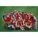 MARK LAWRENSON 1986: Autographed 12 x 8 photo, depicting Liverpool players celebrating with the FA