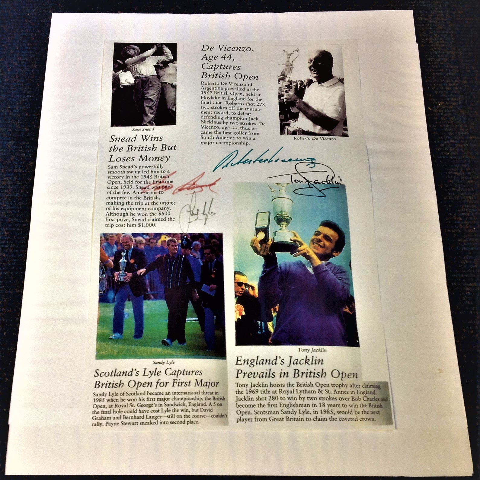 Golf Legends 20x16 mounted magazine montage articles signed by Sam Snead, Sandy Lyle, Tony Jacklin