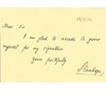 Lord Stanhope handwritten note on card dated 1936. Stanhope entered the House of Lords on the