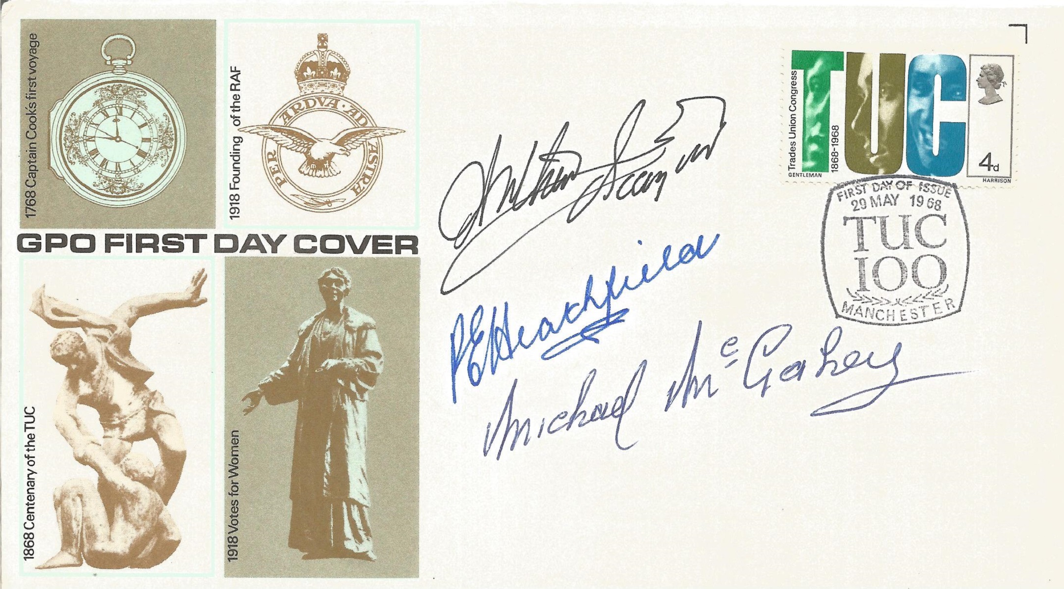 Arthur Scargill, Peter Heathfield and Mick McGahey signed cover. Good Condition. All autographs