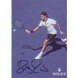 Roger Federer signed postcard sized picture in action on court. Good Condition. All autographs are