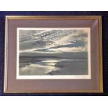 Peter Scott signed print of flock of birds over expanse of water. Dated Maidstone 1st July 1967.