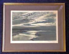 Peter Scott signed print of flock of birds over expanse of water. Dated Maidstone 1st July 1967.
