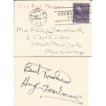 Hugh Marlowe signed card. Actor. Signed on vintage 3 x 2 inch cream card. Comes with original