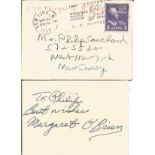 Margaret O'Brien signed card. Actress. Dedicated. Signed on vintage 3 x 2 inch cream card. Comes