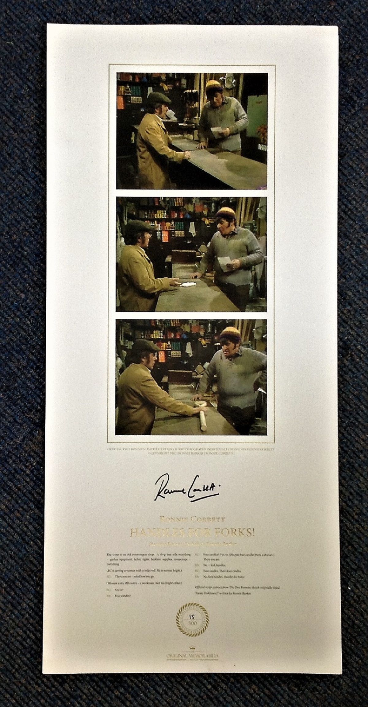 Ronnie Corbett signed Handles for Forks ! Lithograph picturing the icon scene starring the Two