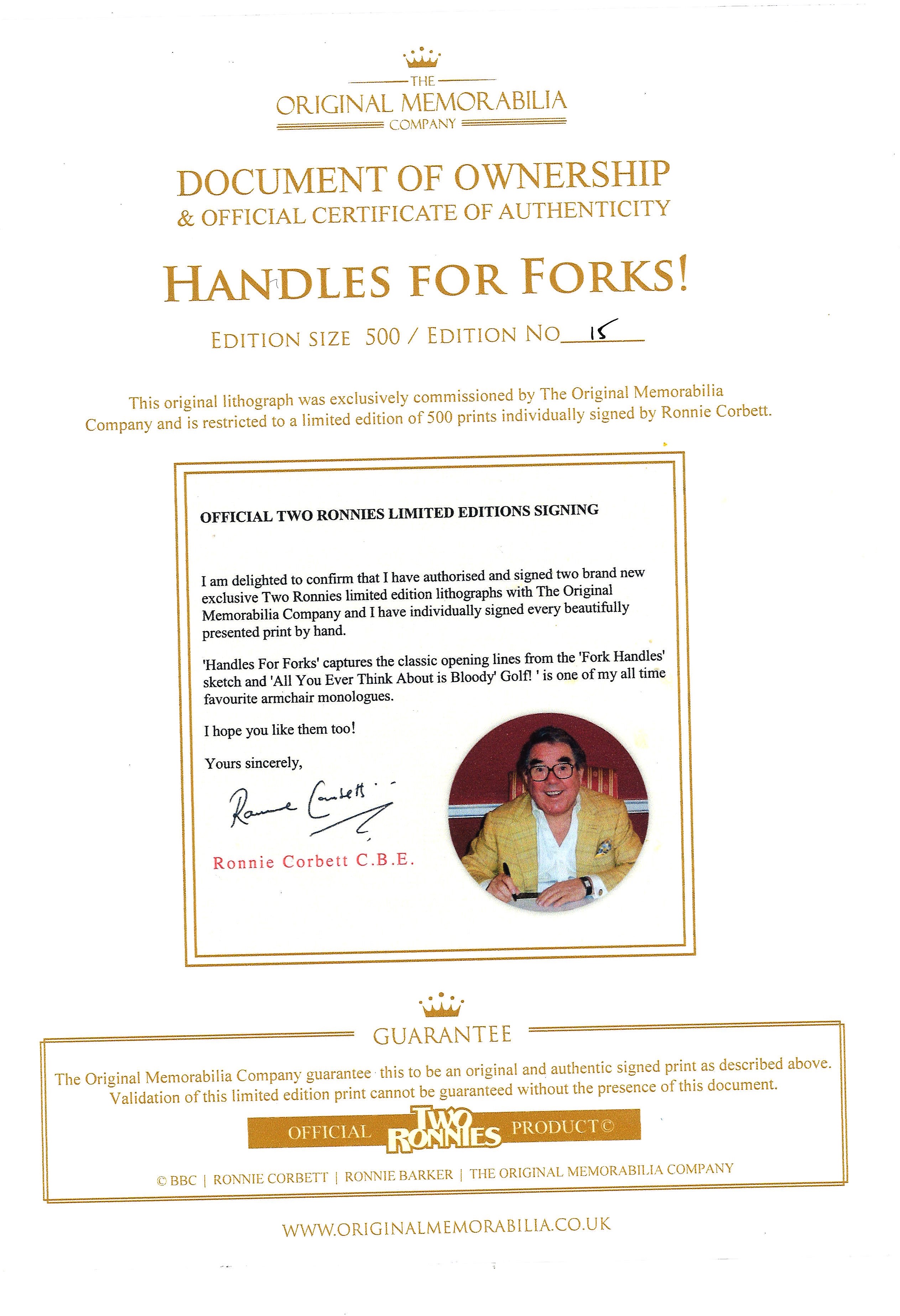 Ronnie Corbett signed Handles for Forks ! Lithograph picturing the icon scene starring the Two - Image 2 of 2