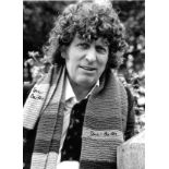 Tom Baker signed 16x12 Doctor Who black and white photo. Thomas Stewart Baker born 20 January