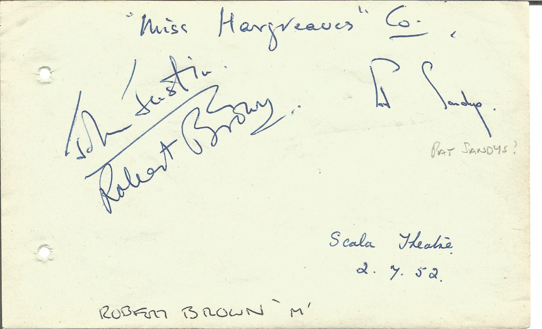 Robert Brown signed 6x4 album page also has Pat Sandys signature from a theatre production Miss