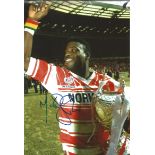 Martin Offiah Signed 12 x 8 inch rugby colour photo. This item is from the stock of www.