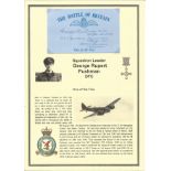 Squadron Leader George Rupert Pushman DFC. Signed 5 x 3 inch blue card with RAF logo. Set on