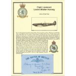 Flight Lieutenant Leslie Walter Harvey. Signed 5 x 3 inch blue card with RAF logo. Set on superb