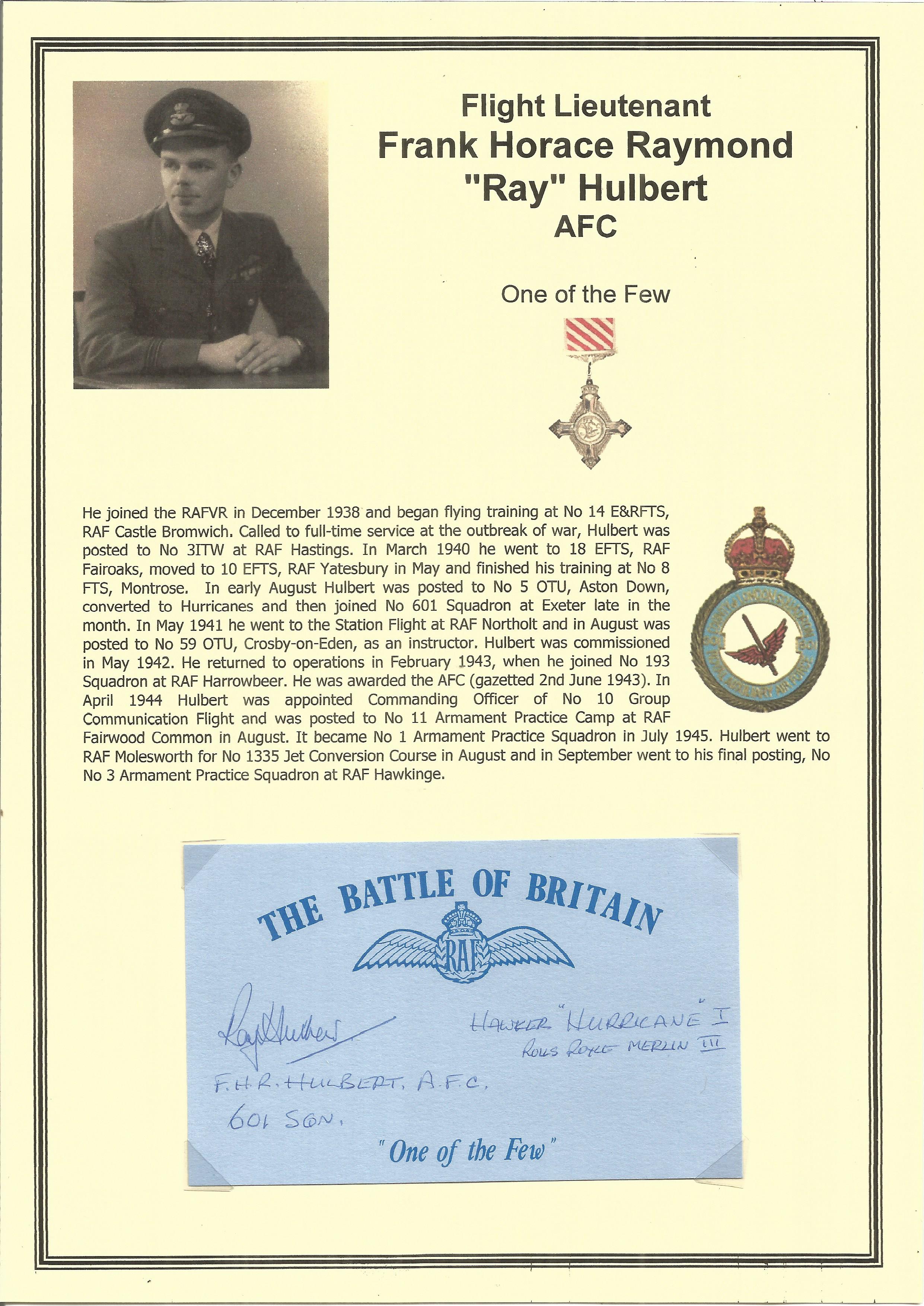 Flight Lieutenant Frank Horace Raymond Ray Hulbert AFC. Signed 5 x 3 inch blue card with RAF logo.