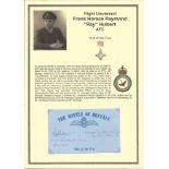 Flight Lieutenant Frank Horace Raymond Ray Hulbert AFC. Signed 5 x 3 inch blue card with RAF logo.