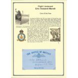 Flight Lieutenant Eric Howard Marsh. Signed 5 x 3 inch blue card with RAF logo. Set on superb