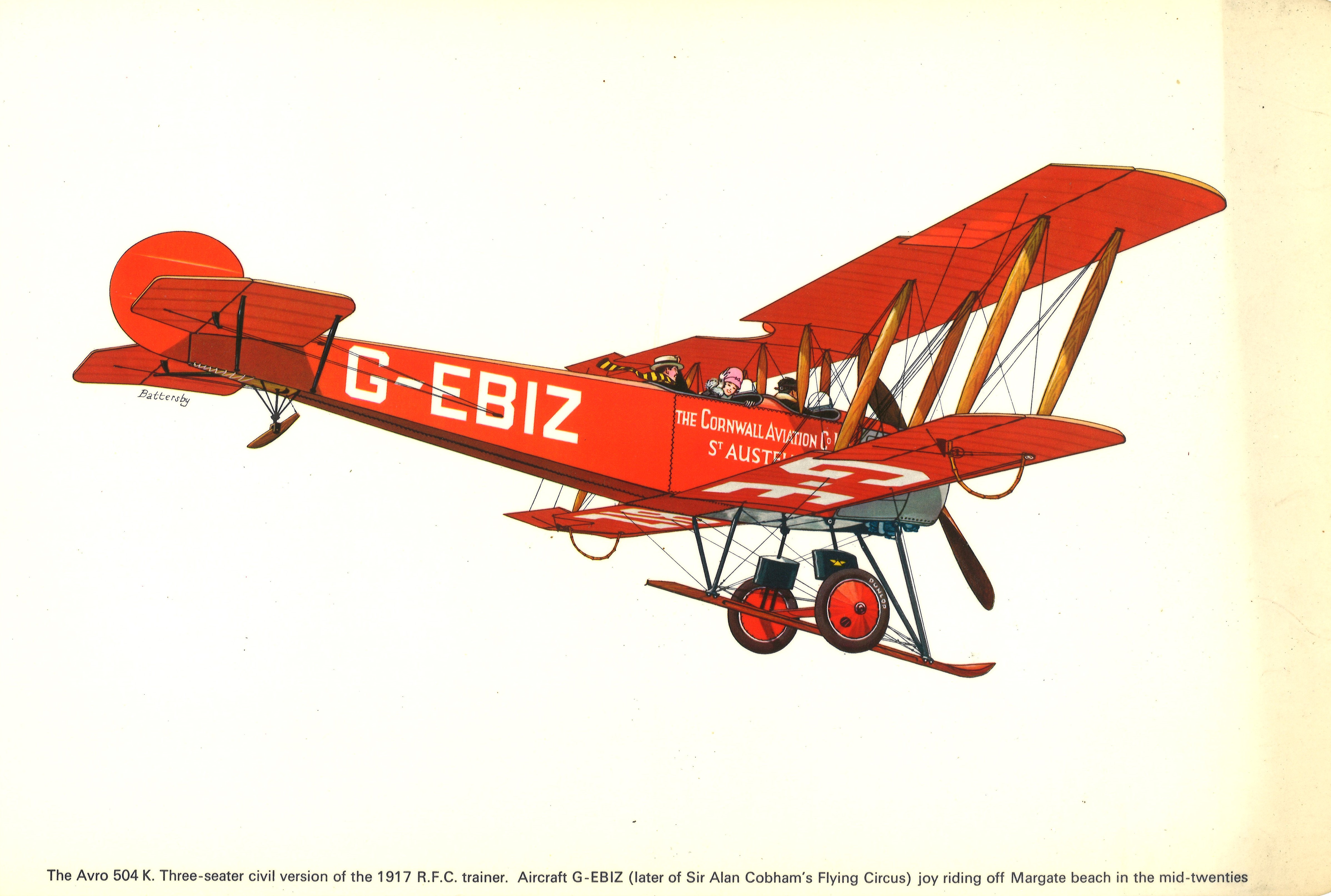 World War One 17x11 colour print picturing The Avro 504K Three Seater Civil version of the 1917 R.