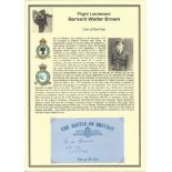 Flight Lieutenant Bernard Walter Brown. Signed 5 x 3 inch blue card with RAF logo. Set on superb