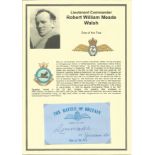 Lieutenant Commander Robert William Meade Walsh. Signed 5 x 3 inch blue card with RAF logo. Set on