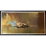Battle of Britain 36X19 print picturing a Spitfire in flight by the artist Barrie. A. F. Clark. Good