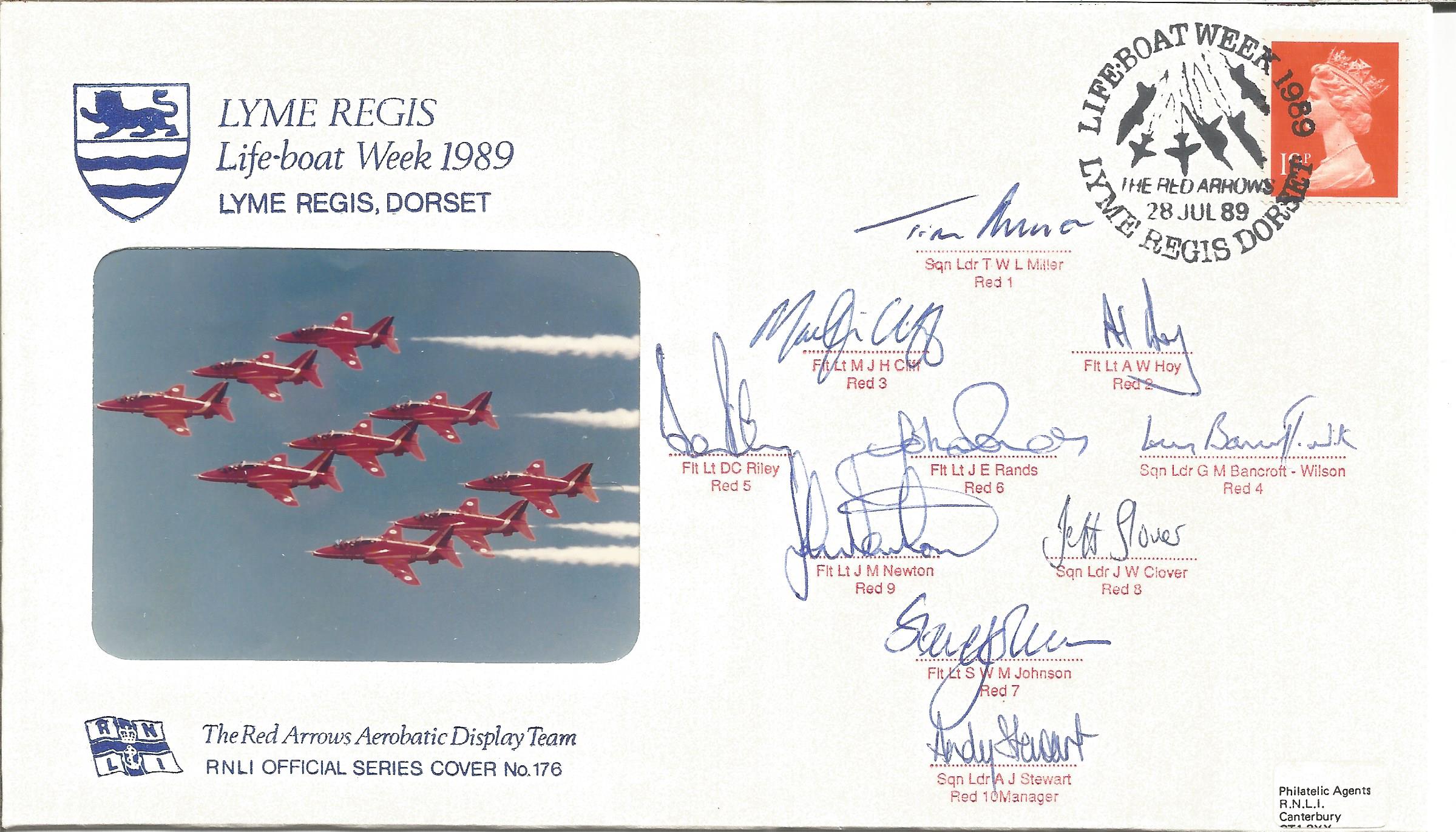 Rare Red Arrows team signed 1989 Lyme Regis Lifeboat Week RNLI cover. Good Condition. All autographs