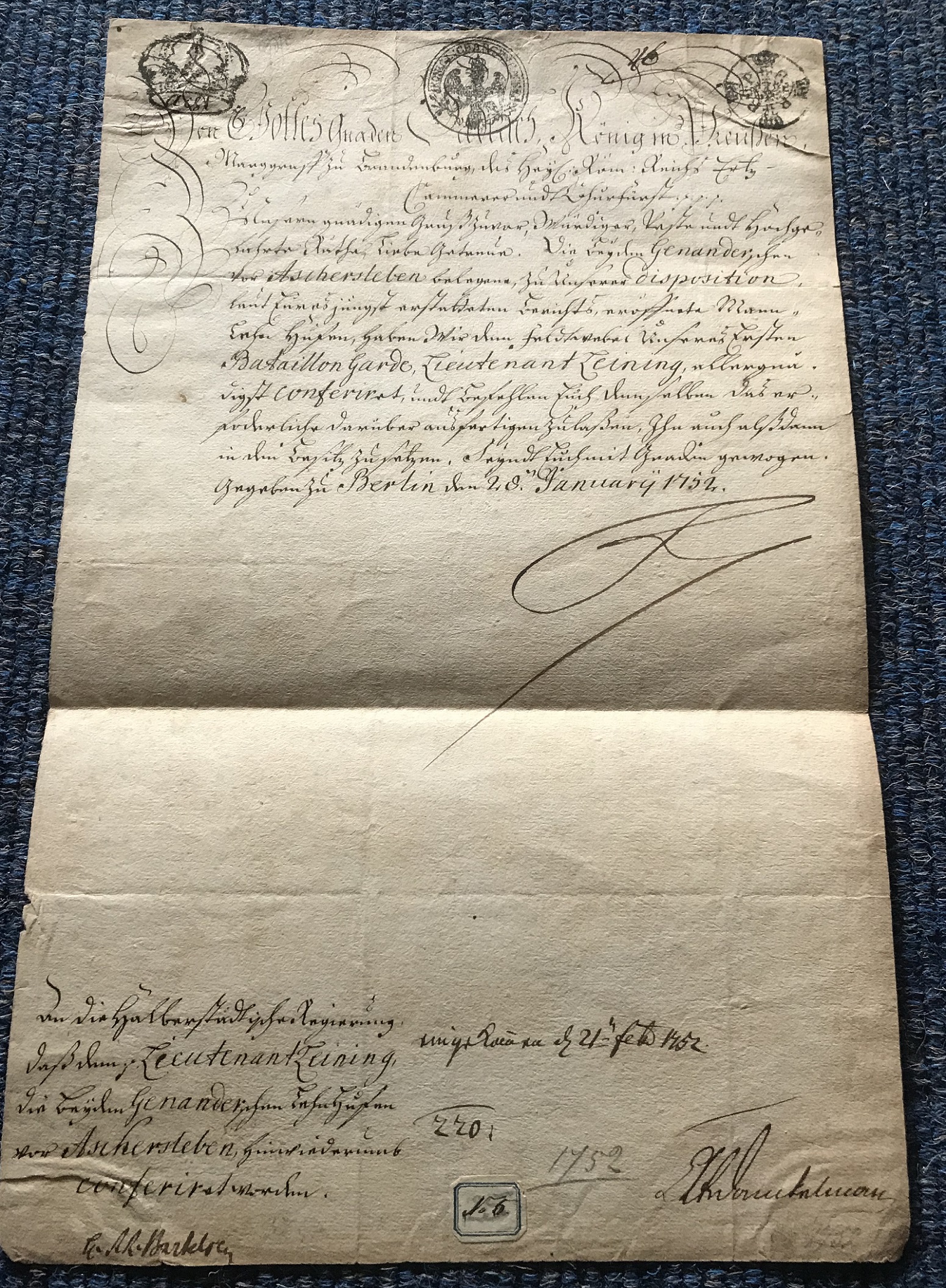 Frederick II: King of Prussia, Known as Frederick the Great signed 1752 document