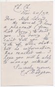 Alice in Wonderland author Lewis Carroll. The short letter entirely in his hand