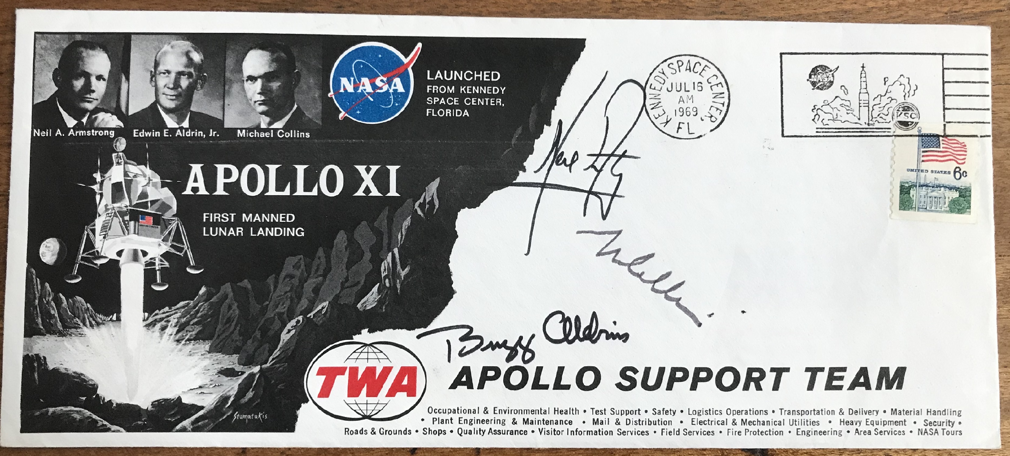 Apollo XI crew TWA cover signed by Neil Armstrong Buzz Aldrin Michael Collins