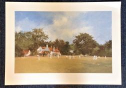 Cricket print approx 26x18 titled New Batsman by the artist Roy Perry picturing a typical summer