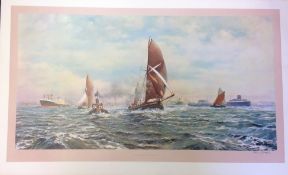 Nautical print 26x43 approx titled Sailing Barges, Thames Estuary signed in pencil by the artist