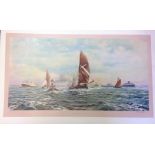 Nautical print 26x43 approx titled Sailing Barges, Thames Estuary signed in pencil by the artist