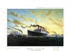 Nautical print 18x14 approx titled RMS Aquitania 1914 Leaving the Mersey by the artist E D Walker