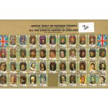 All the Kings and Queens of England unique sheet of postage stamps. 41 stamps issued by Umm al