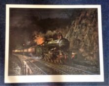 Railway print 30x25 approx titled Night Express signed in pencil by the artist Terence Cuneo. Good