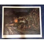 Railway print 30x25 approx titled Night Express signed in pencil by the artist Terence Cuneo. Good