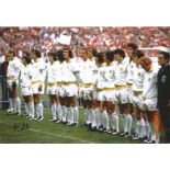 JOHN GILES 1975, football autographed 12 x 8 photo, a superb image depicting Leeds United players
