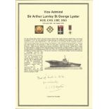 Vice Admiral Sir Arthur Lumley St George Lyster KCB, CVO, CBE, DSO signed handwritten letter