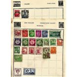 World stamp collection on 8 loose album pages. Includes Iraq, Liberia, New Zealand, USA and more.