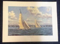 Sailing Print approx 28x18 titled Endeavour versus Velsheda, Solent 1989 by the artist Kenneth