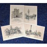 Mint postcard collection. 4 coloured sketches. Big Ben, Trafalgar Square, St James palace and