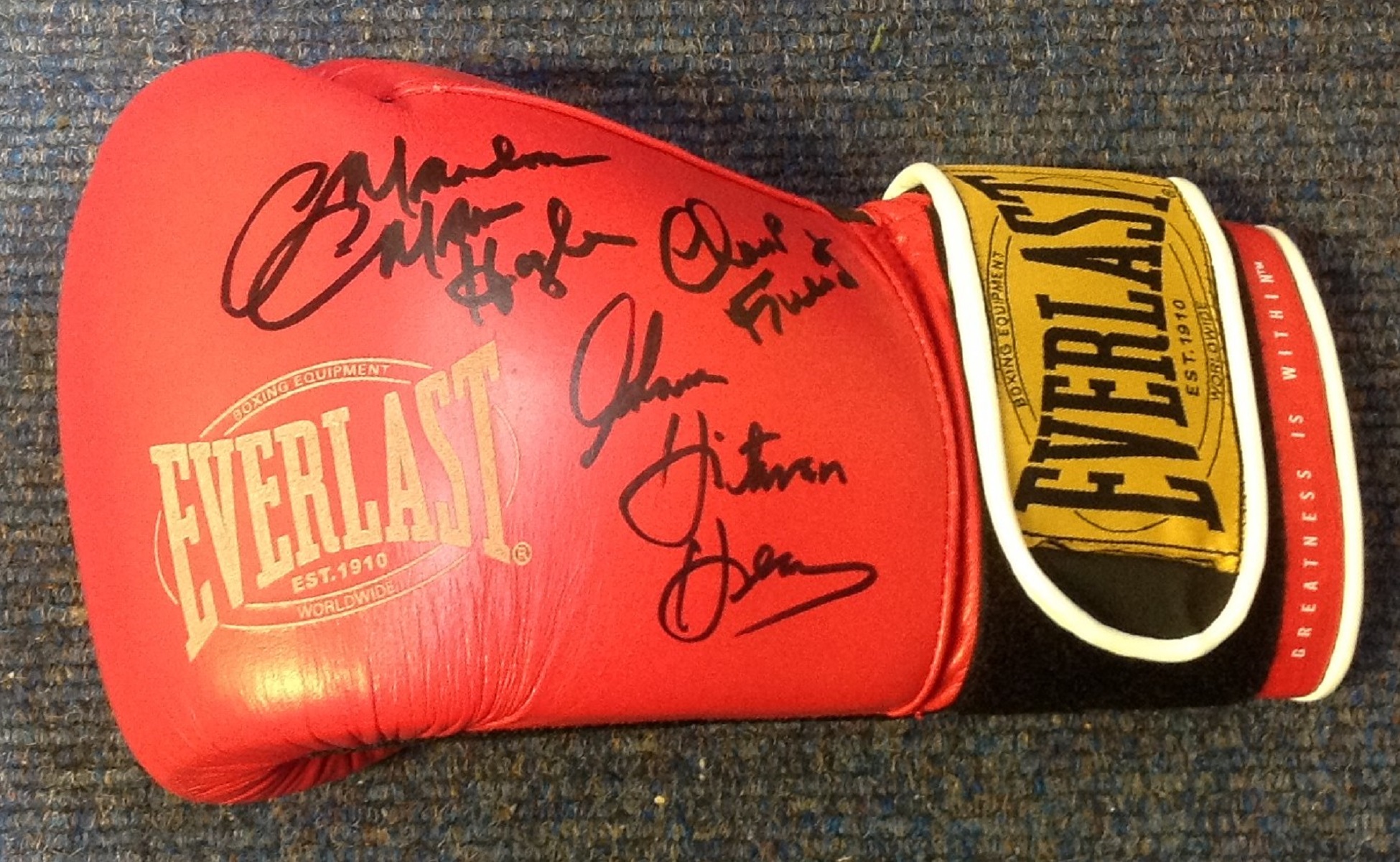 Boxing Legends Marvin Hagler and Thomas Hearns signed Everlast Boxing Glove. Good Condition. All