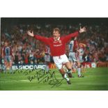 Football Teddy Sheringham signed 12x8 colour photo pictured celebrating while playing for Manchester