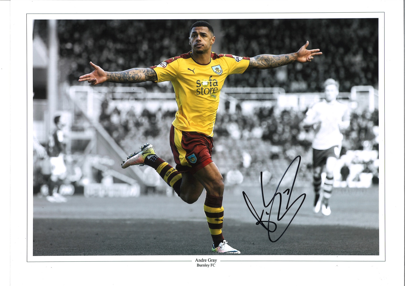 Andre Gray Burnley Signed 16 x 12 inch football photo. Good Condition. All autographs come with a