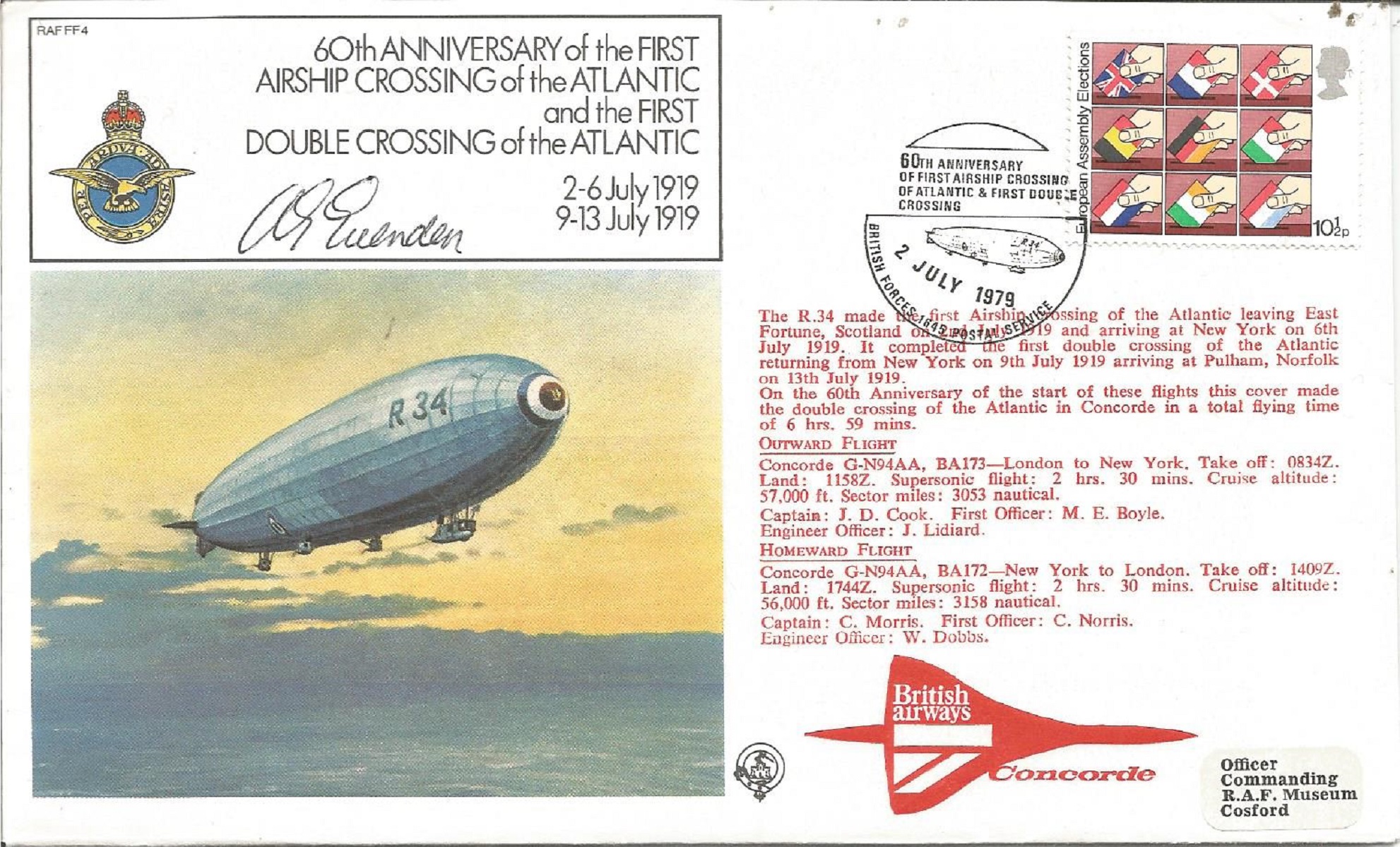 Wg Cdr Bert Evenden signed RAF FF4 FDC. 60th Anniversary of the First Airship Crossing of the