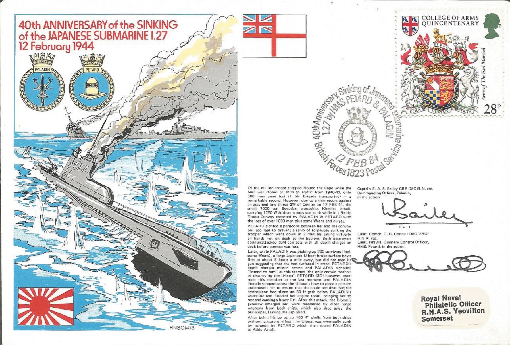Captain E A S Bailey and Lieut Comdr G G Connell signed RNSC(4)3 cover commemorating the 40th
