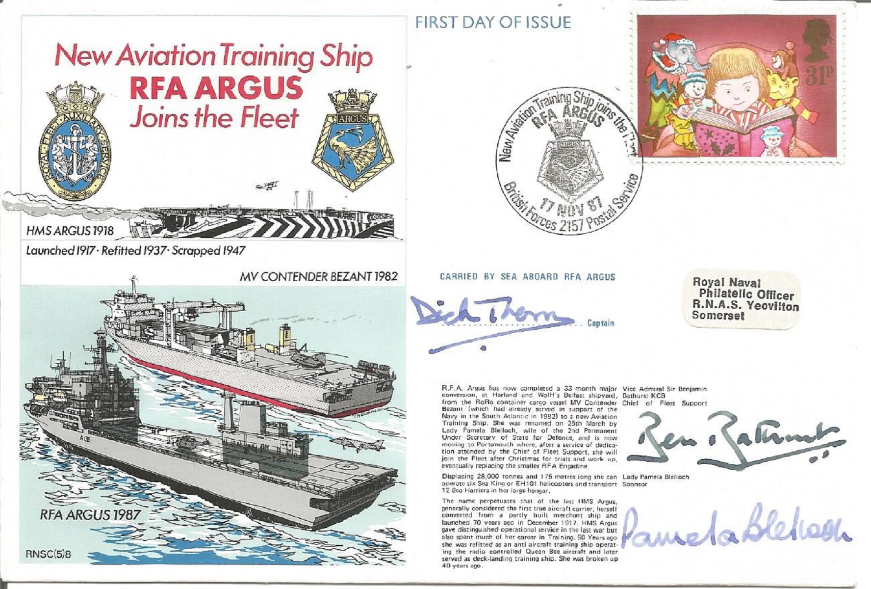 Vice Admiral Sir Benjamin Bathurst, Lady Pamela Blelloch and Captain on RFA Argus signed RNSC(5)8