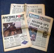 Newspaper collection. Contains Today, Racing post and The Independent. All are from the first day of
