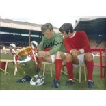 Football Alex Stepney signed stunning 12 x 8 inch colour photo sitting with George Best and European